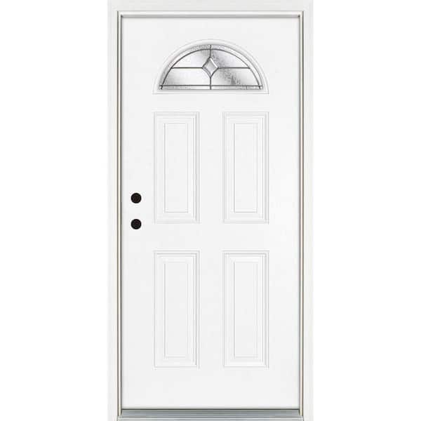 MP Doors 36 in. x 80 in. Right Hand Inswing Fan Lite Valentia Decorative Glass WhiteFinished Fiberglass Prehung Front Door