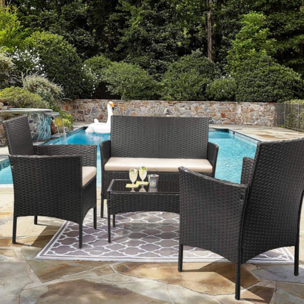 4-Piece Outdoor Patio Rattan Furniture Set Wicker Chair Sofa Outdoor Bistro