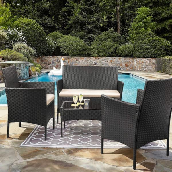 Unbranded 4-Piece Outdoor Patio Rattan Furniture Set Wicker Chair Sofa Outdoor Bistro Set with Cushions