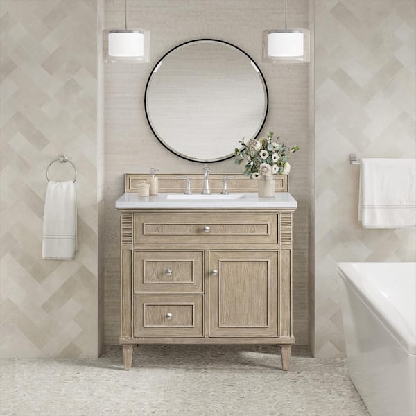 James Martin Vanities 36.0 in. W x 23.5 in. D x 34.06 in. H Single Sink Bath Vanity in Whitewashed Oak and Arctic Fall w/ Solid Surface Top