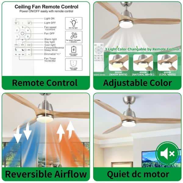 52 in. Brown Intergrated LED Ceiling Fan Lighting with Remote Control Brushed Nickel, Downrod Mount