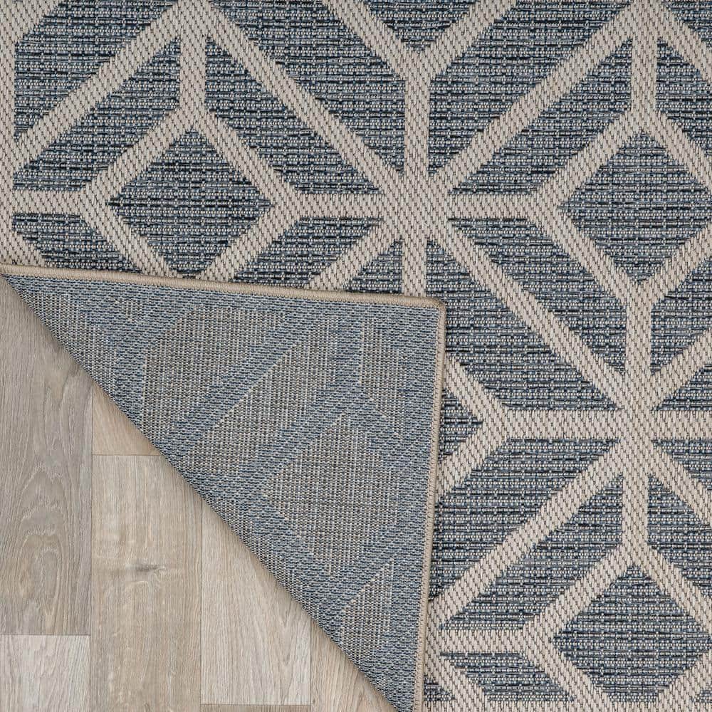 Blue Geometric Flat Woven Synthetic Indoor/Outdoor Rug 7'10" x 10'