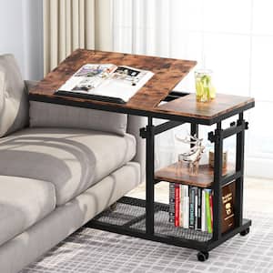 31.5 in. W Height Adjustable Rustic Brown C-shaped Particle Board End Table with Wheels and Storage Shelves
