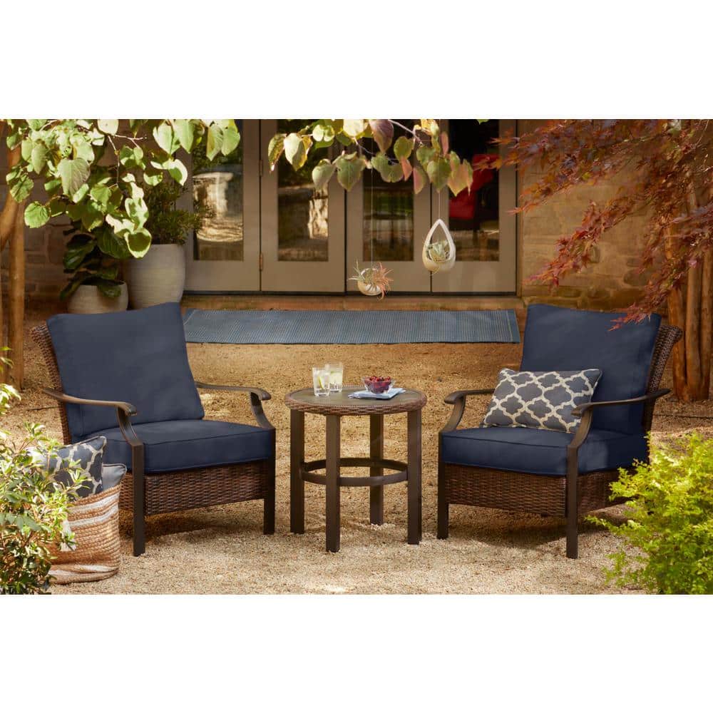 Hampton Bay Harper Creek 3-Piece Brown Steel Outdoor Patio Chair Set with CushionGuard Sky Blue Cushions