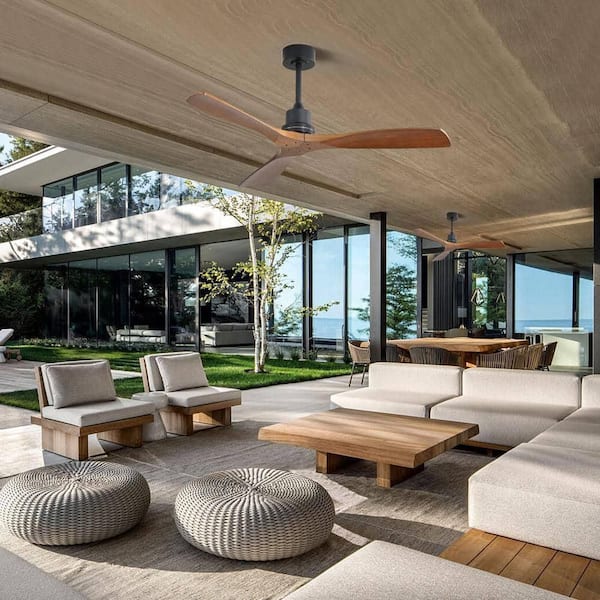 52 in. 6-Speed Indoor/Outdoor Black Farmhouse Ceiling Fan with 3 Carved Wood Fan Blades and Remote Control