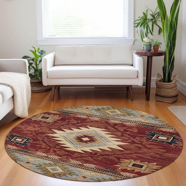 Chantille Machine Washable Indoor/Outdoor Abstract ACN1754 Paprika 8 ft. x 8 ft. Round Rug
