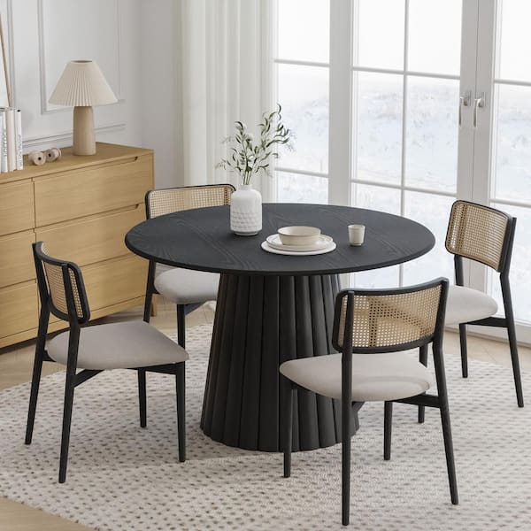 Dovelina 46 in. Oak Wood Black Column Pedestal Round Kitchen Table Dining Table Seats 4