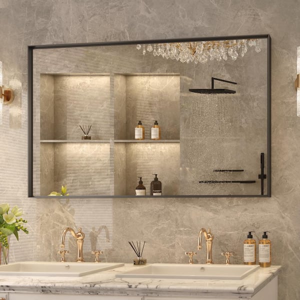 48 in. W x 30 in. H Rectangular Aluminum Beveled Edge Horizontal and Vertical Wall Bathroom Vanity Mirror in Black