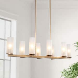 Modern Chandelier Gold Island Candlestick 8-Light Linear Rectangle Cylinder Frosted Glass Shades High Ceiling Light