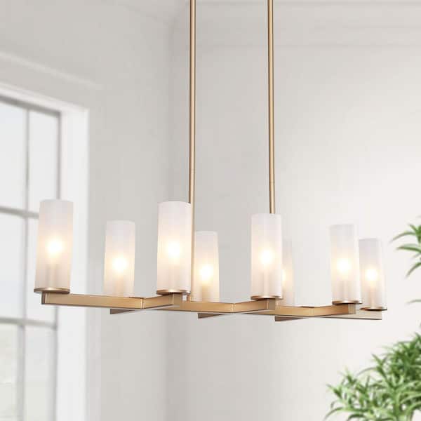 LNC Modern Chandelier Gold Island Candlestick 8-Light Linear Rectangle Cylinder Frosted Glass Shades High Ceiling Light