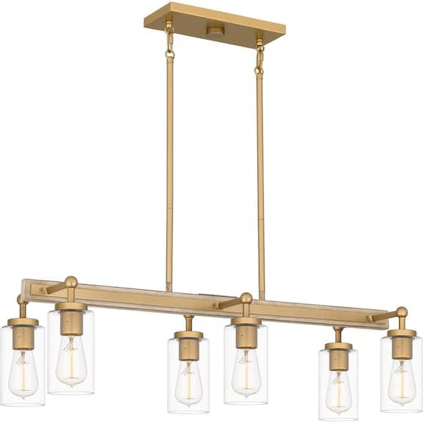 Quoizel Kelleher 6-Light Nouveau Painted Weathered Brass Linear Chandelier with Clear Glass Shade