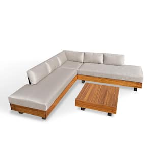 Alden 4-Piece Teak and Aluminum Outdoor Patio Sectional Sofa Set with Acrylic Cast Ash Cushions and Coffee Table