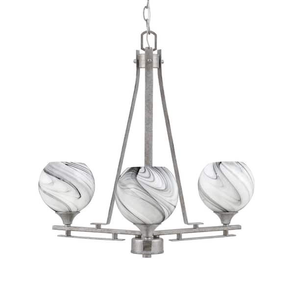 Unbranded Ontario 19.25 in. 3-Light Aged Silver Geometric Chandelier for Dinning Room with Onyx Swirl Shades, No Bulbs Included