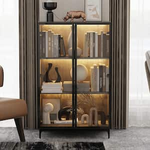 46.1 in. Tall Grey Wood 3-Shelf Accent Bookcase Stone Style Bookshelf With Glass Doors, Pop-Up Design, LED Lights