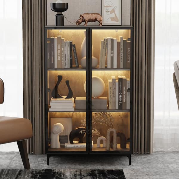 FUFU&GAGA 46.1 in. Tall Grey Wood 3-Shelf Accent Bookcase Stone Style Bookshelf With Glass Doors, Pop-Up Design, LED Lights
