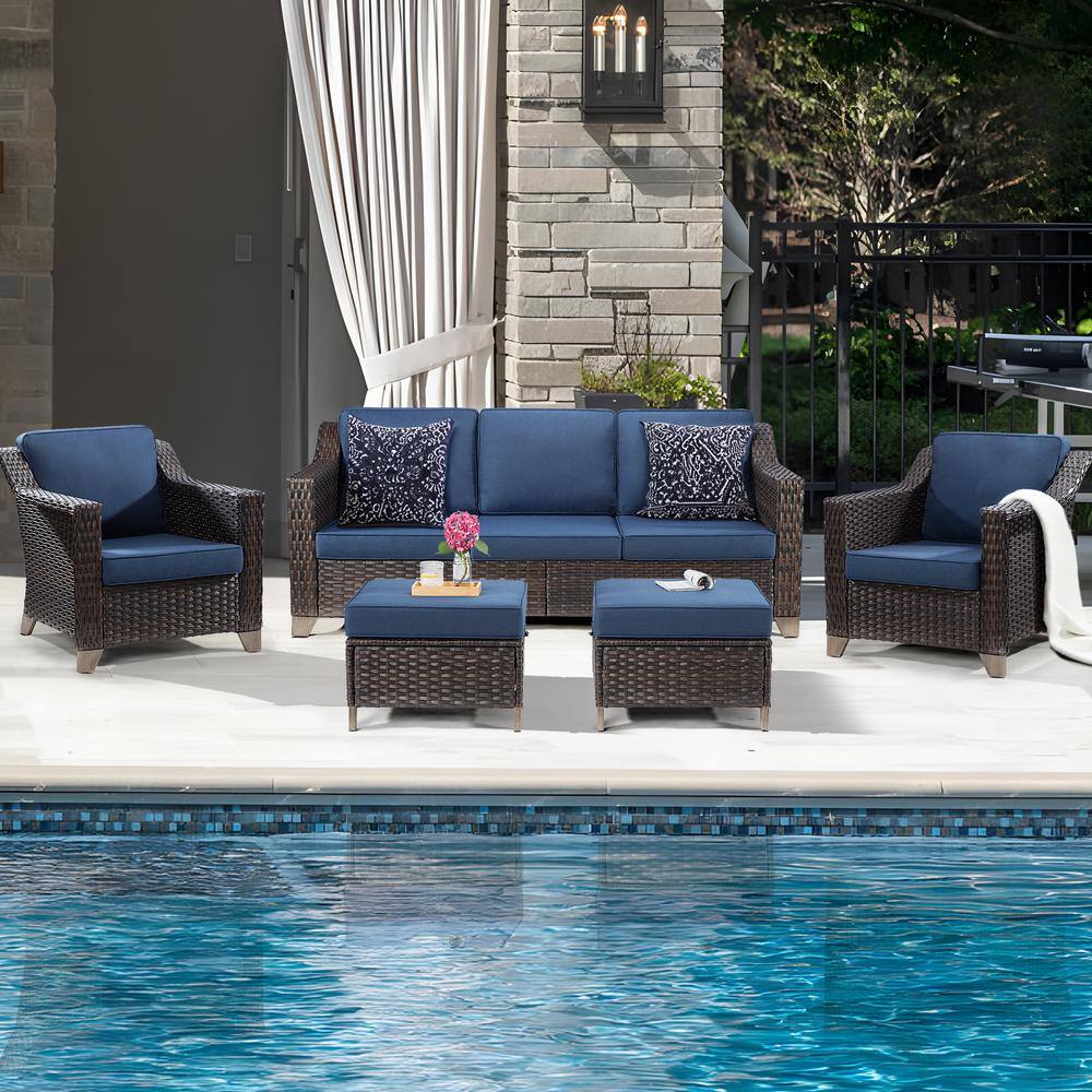 5-Piece Wicker Patio Conversation Set Outdoor Sofa Lounge Chair and Ottomans with Blue Cushions price history on PriceWatchPro