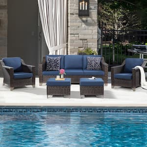 5-Piece Wicker Outdoor Patio Conversation Set Sectional Sofa and Ottomans with Deep Blue Cushions