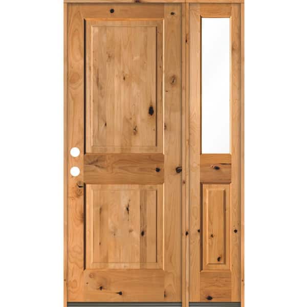 Krosswood Doors 44 in. x 80 in. Rustic knotty alder Right-Hand/Inswing Clear Glass Clear Stain Square Top Wood Prehung Front Door w/RHSL