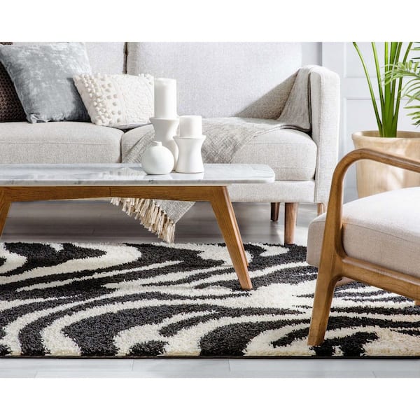 Madison Shag Safari Zebra Black 3 ft. x 5 ft. Contemporary Geometric Area Rug