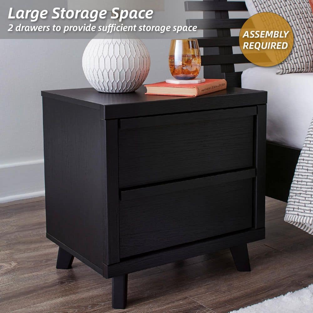 Black Modern 2-Drawer Nightstand with Wireless Charging