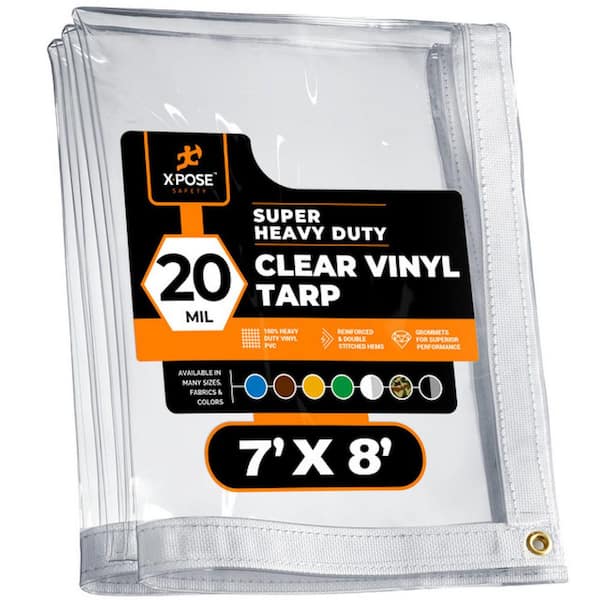 XPOSE SAFETY 7 ft. W x 8 ft. L Clear Vinyl Tarp Heavy Duty 20 Mil Transparent Waterproof PVC Tarpaulin with Brass Grommets