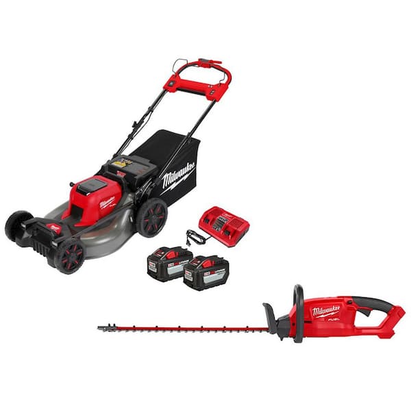 Milwaukee M18 FUEL Brushless Cordless 21 in. Dual Battery Self-Propelled Lawn Mower w/ Hedge Trimmer, (2) 12.0Ah Batteries