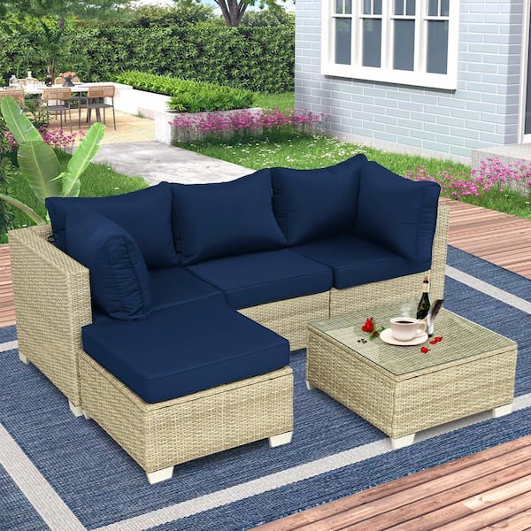 Cesicia 5-Piece Gray Wicker Outdoor Sectional Set with Dark Blue Cushions and Coffee Table