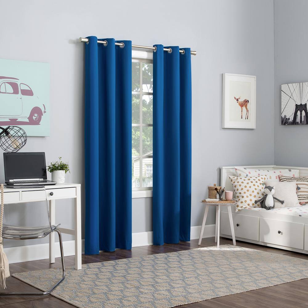 Classic Blue Polyester Blackout Grommet Window Panels for Kids