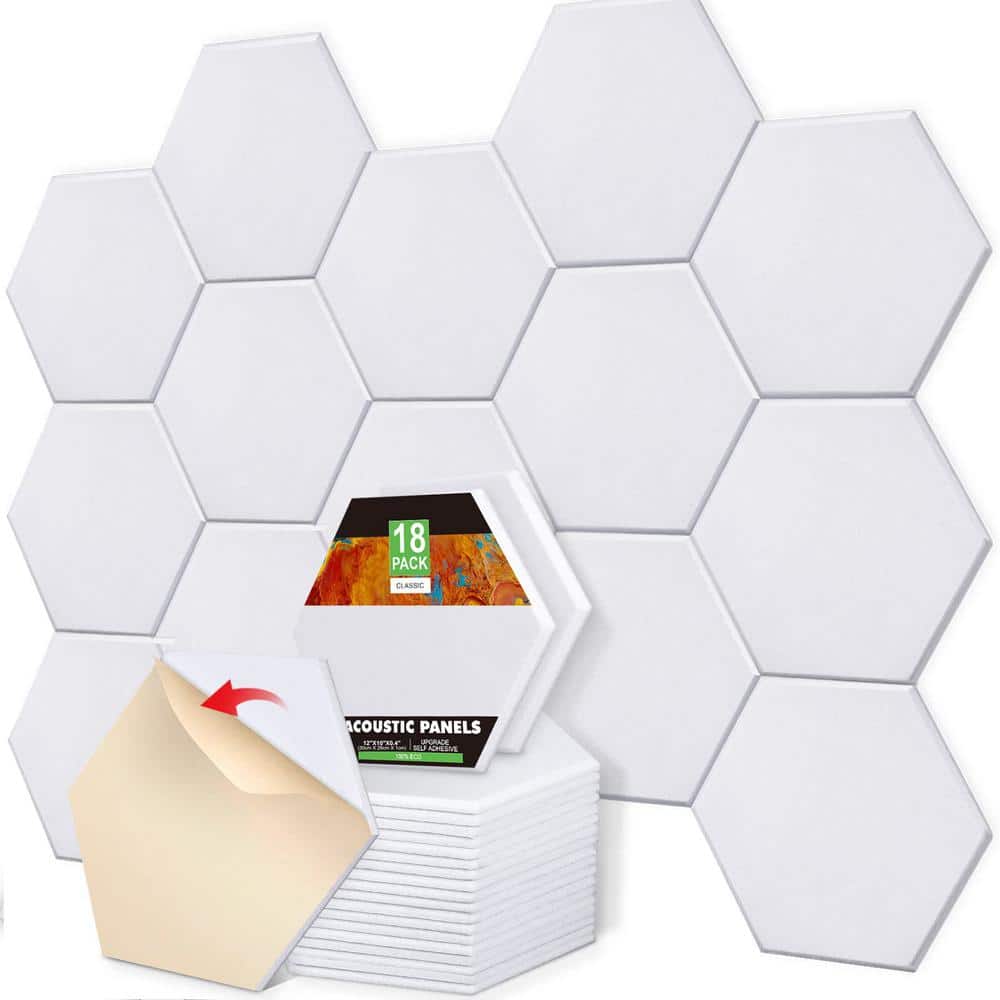 18-Packs 12in. x 10 in. x 0.4 in. White Hexagon Acoustic Panels,Self-Adhesi