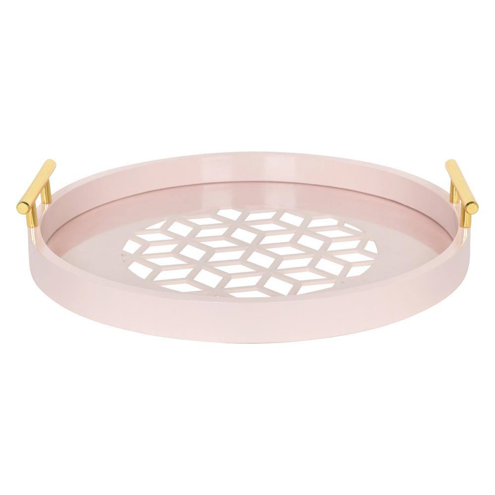 Round Pink Glass Serving Tray with Gold Handles