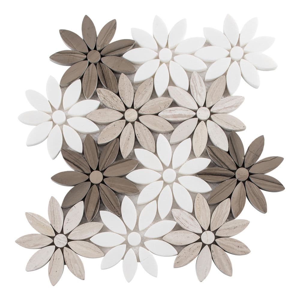 Brown and White Floral Pattern Matte Marble Mosaic Tile