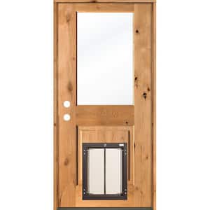 32 in. x 80 in. Knotty Alder Right-Hand/Inswing Clear Glass Clear Stain Wood Prehung Front Door with Large Dog Door