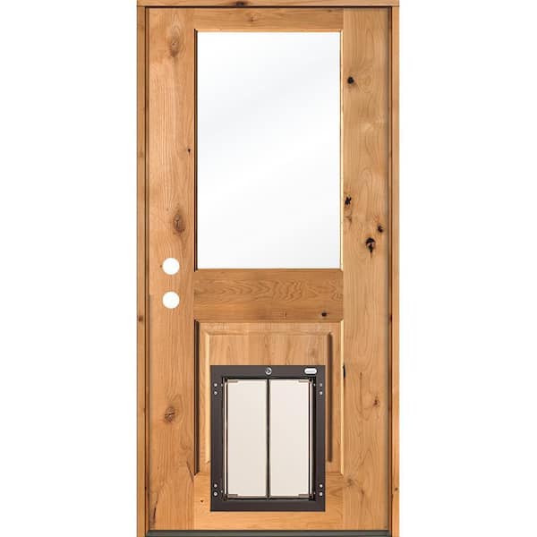 Krosswood Doors 32 in. x 80 in. Knotty Alder Right-Hand/Inswing Clear Glass Clear Stain Wood Prehung Front Door with Large Dog Door