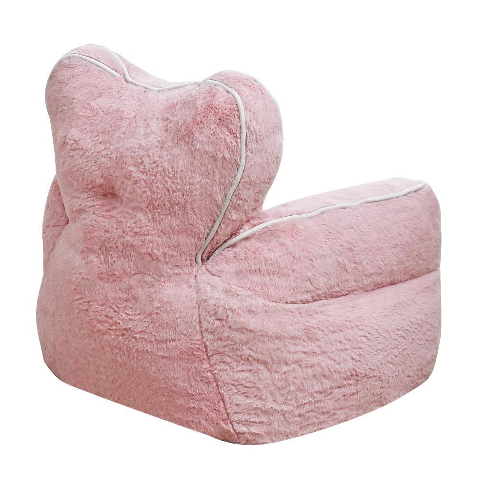 Heart-shaped pink faux fur bean bag chair from a different angle.