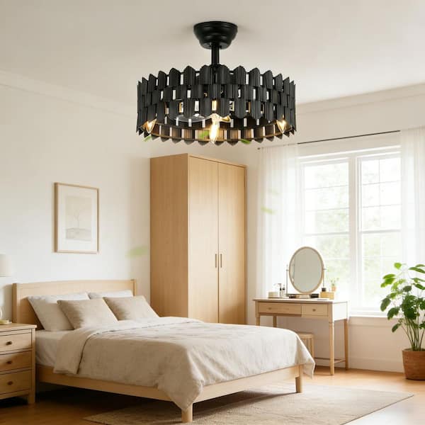 11.8 in. Black Flush Mount Ceiling Fan with Light Minimalist Fandelier Fan with Remote Reversible Fan Blades