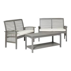 Grey Wash 3-Piece Classic Wood Outdoor Patio Chat Set with Off-White Cushions