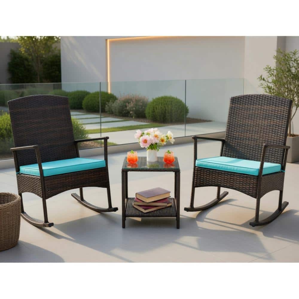 3-Piece PE Rattan Rocking Set – 2-Tier Glass Table, Turquoise Cushions, Steel Frame for Backyard & Poolside price history on PriceWatchPro