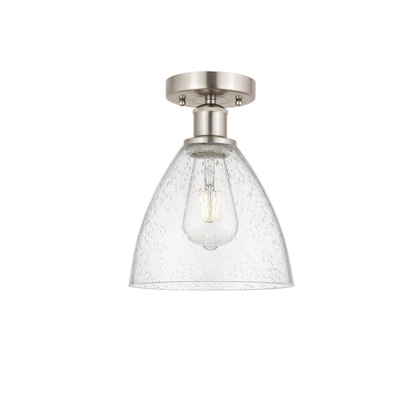 Bristol Glass 7.5 in. 1-Light Brushed Satin Nickel, Seedy Semi-Flush Mount with Seedy Glass Shade