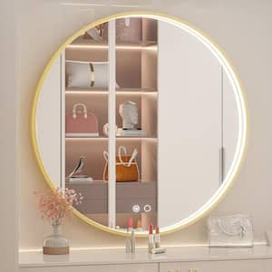 36 in. W x 36 in. H Large Round Framed Metal Modern Wall Mounted Bathroom Vanity Mirror in Gold