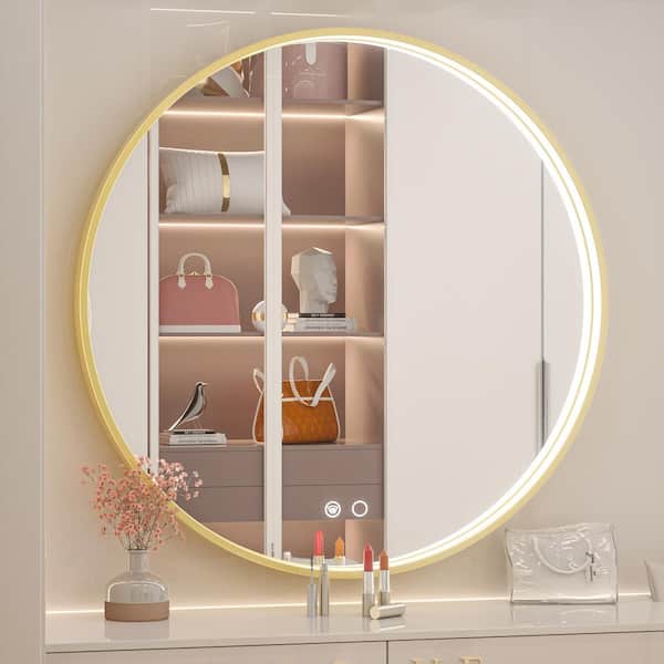 KeonJinn 36 in. W x 36 in. H Large Round Framed Metal Modern Wall Mounted Bathroom Vanity Mirror in Gold