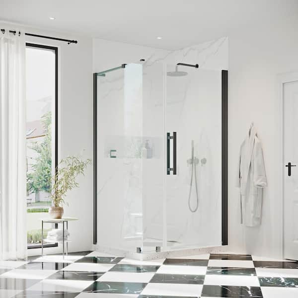 OVE Decors Pasadena 40-1/8 in. W x 72 in. H Rectangular Pivot Frameless Corner Shower Enclosure in Black
