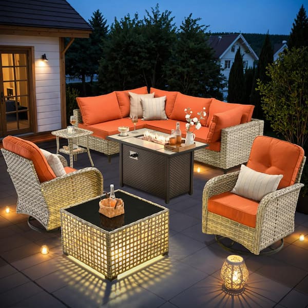 OVIOS Supery Gray 9-Piece Wicker Patio Rectangle Fire Pit Conversation Set with Orange Red Cushions and Swivel Chairs