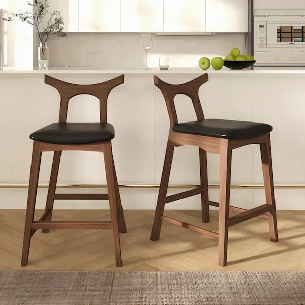Bertram Mid-Century Modern 37 in. H Black+Brown Low Back Solid Wood Counter Barstools with Leather Seat (Set of 2)