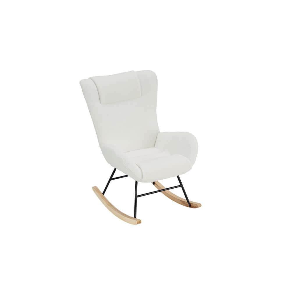 White Modern Wood Outdoor Rocking Chair with Teddy Fabric Upholstered, Soli