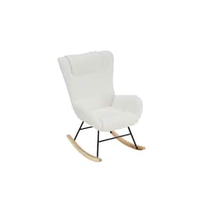 White Modern Wood Outdoor Rocking Chair with Teddy Fabric Upholstered, Solid Wood Legs