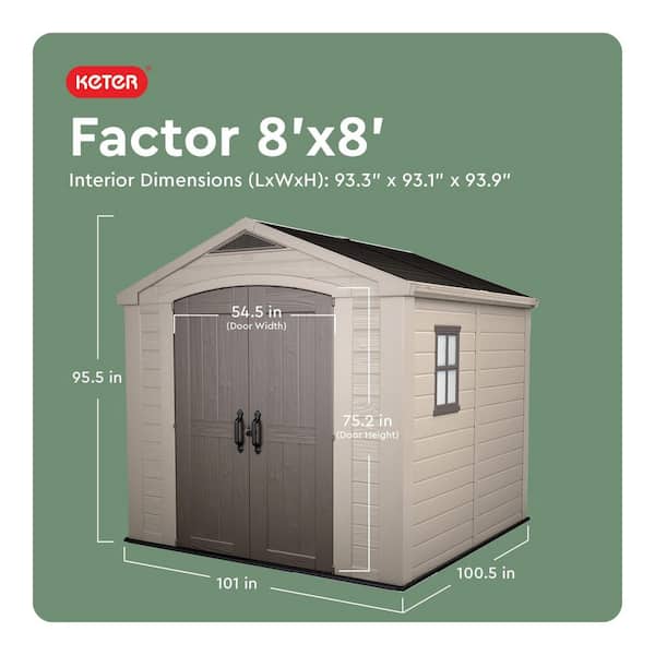 Factor 8 ft. W x 8 ft. D Large Outdoor Durable Resin Plastic Storage Shed with Double Doors, Taupe Brown (70.49 sq. ft.)