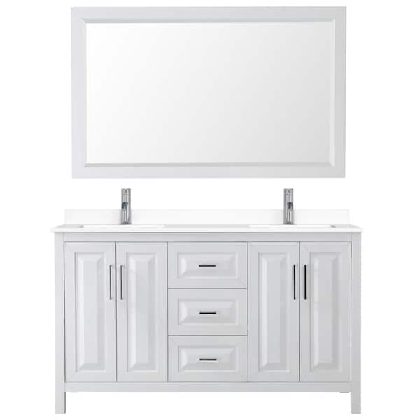 Wyndham Collection Daria 60 in. W x 22 in. D Double Vanity in White with Cultured Marble Vanity Top in White with Basins and Mirror