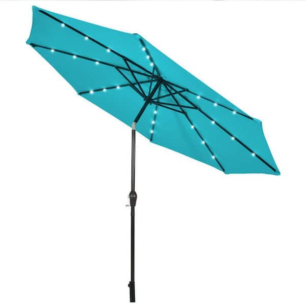 10 ft. Metal Market Solar Tilt Patio Umbrella in Turquoise with LED Lights and Crank Outdoor Pool Table Umbrella