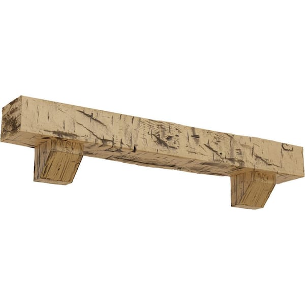 Ekena Millwork 4 in. x 4 in. x 5 ft. Hand Hewn Faux Wood Fireplace Mantel Kit with Ashford Corbels, Natural Pine