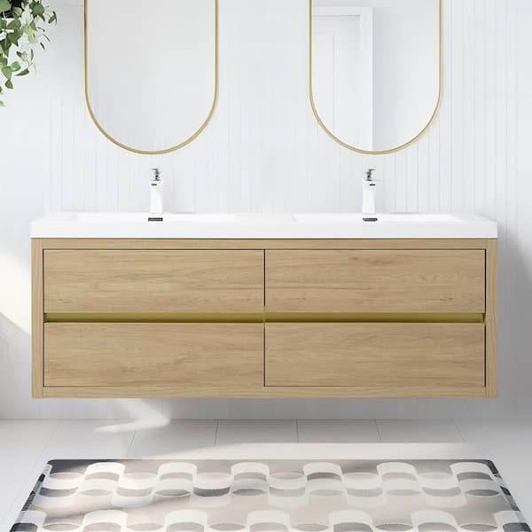 Lafarre 59.06 in. W x 19.69 in. D Double Sink Floating Oak Natural Wood Bath Vanity with White Stone Resin Top Assembled